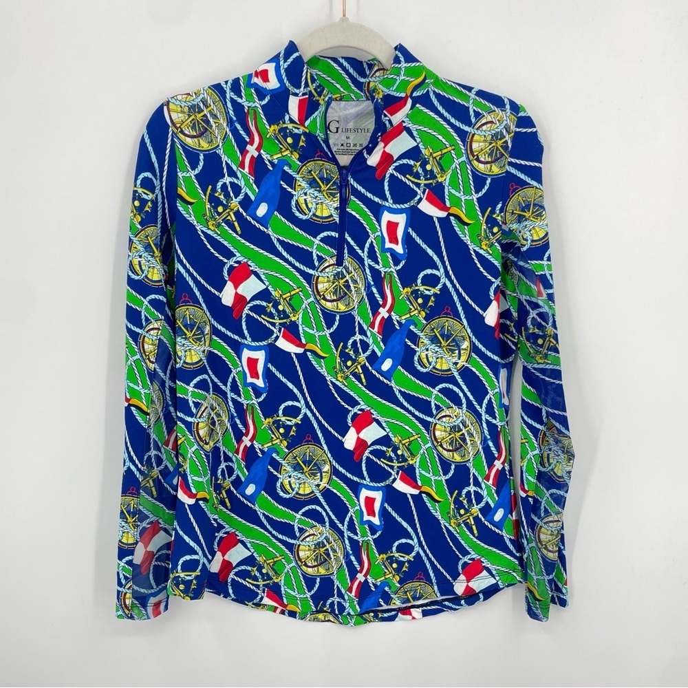 G Lifestyle Nautical Top Multicolor Vented Sleeves Size‎ M preppy sailing green